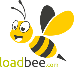 Fröhliche Zeichentrickbiene mit dem Text "loadbee.com" in Grün und Schwarz.