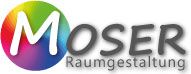 Logo mit dem Text "MOSER Raumgestaltung", bunter Kreis um den Buchstaben "M".