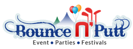 Logo with text "Bounce N' Putt" featuring balloons, swirls, and the words "Event Parties Festivals."