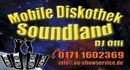 Banner für Mobile Diskothek Soundland mit Telefonnummer und Kontakt-Email auf blauem Hintergrund.