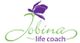 Logo mit lila Blume und Text "Jobina life coach" in grüner und lila Schrift.