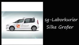 Weißer Lieferwagen mit "labopart"-Logo; Text: "sg-Laborkurier Silke Großer" in Weiß auf Schwarz.