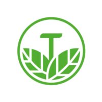 Grünes T in einem Kreis mit Blättern darunter.