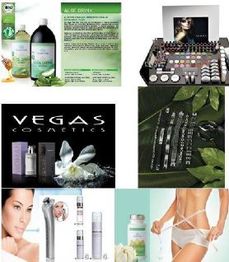 Collage verschiedener Kosmetik- und Pflegeprodukte von Vegas Cosmetics mit Aloe-Drink.