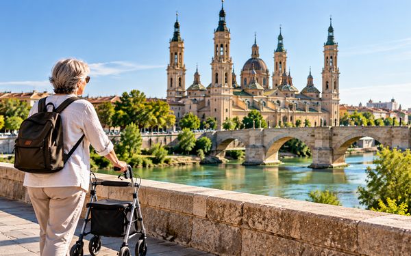 Seniorin mit Rollator auf einer barrierearmen Promenade mit Blick auf die Altstadt von Zaragoza.