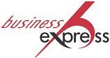 Logo mit rotem Pfeil: "business express" in Rot und Schwarz.
