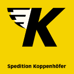 Logo mit einem stilisierten "K" auf gelbem Hintergrund, darunter "Spedition Koppenhöfer".
