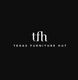 Logo of Texas Furniture Hut with acronym "tfh" on a black background.