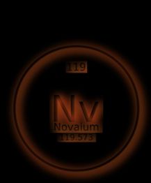 Dark periodic table graphic for Novaium (Nv), with atomic number 119 and weight 119.573.