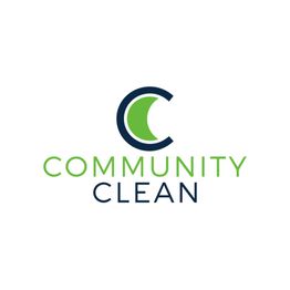 Logo with a green and blue "C," text "Community Clean" in green and blue below.
