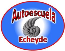 Logotipo rojo y azul de Autoescuela Echeyde con caracola gris en el centro.