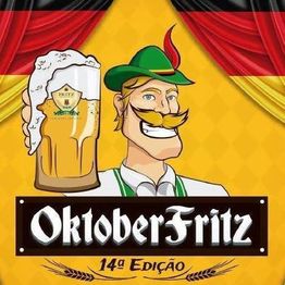 Desenho de homem segurando caneca de chope, com chapéu verde. Texto: OktoberFritz 14ª Edição.