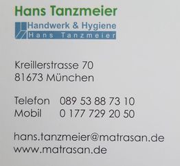Visitenkarte von Hans Tanzmeier, Handwerk & Hygiene, mit Kontaktinformationen in München.
