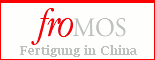 Logo mit Text: "froMOS Fertigung in China" auf weißem Hintergrund und rotem Rahmen.