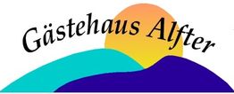 Logo mit Text "Gästehaus Alfter", Sonnenuntergang hinter bunten Hügeln.