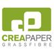 Logo von Creapaper mit stilisierten Buchstaben "cp" und Text "GRASSFIBRE" darunter.
