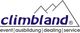 climbland-Logo mit Bergsilhouette. Text: Event, Ausbildung, Dealing, Service.