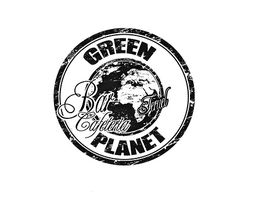 Logotipo redondo de "Green Planet Bar Cafetería" con imagen de un globo terráqueo.