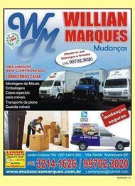 Cartaz de empresa de mudanças, com vans, contatos e serviços oferecidos, como montagem e transporte.