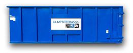 Blue dumpster with "DUMPSTERMAXX" logo and symbols on its side.