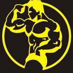 Silhouette eines muskulösen Bodybuilders in gelb und schwarz, der seine Muskeln zeigt.