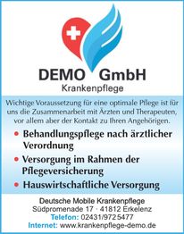 Anzeige für DEMO GmbH Krankenpflege mit Informationen zu Pflegeleistungen und Kontaktdaten.