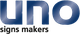Logo con la palabra "uno" en azul metálico y "signs makers" en negro abajo.