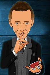 Ein gezeichneter Mann in Anzug hält Karten und signalisiert Ruhe mit Finger an den Lippen.