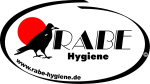Logo von Rabe Hygiene mit schwarzem Raben und roter Sonne, Webseite unten: www.rabe-hygiene.de.