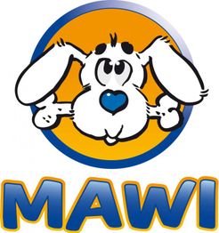 Weißer Cartoon-Hund mit blauem Herz und großen Ohren auf orangefarbenem Hintergrund, Text "MAWI".