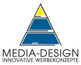 Abstrakte Pyramide mit Text: Media-Design, Innovative Werbekonzepte, auf weißem Hintergrund.