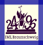 Logo mit Statue und Zahlen 24, 96, Text "IML Braunschweig", in Blau und Weiß gehalten.