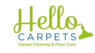 "Hello Carpets logo with vacuum icon, text: Carpet Cleaning & Floor Care in green and blue."