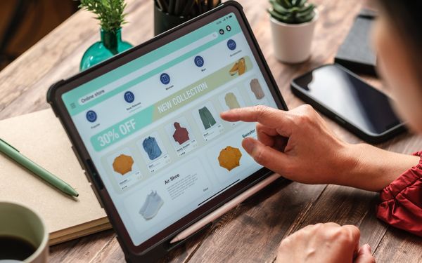 Nahaufnahme einer Frau vor einem Tablet. Auf dem Tablet ist die Website eines Onlineshops für Kleidung geöffnet.