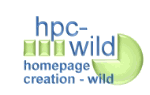 Logo mit Text "hpc-wild, homepage creation - wild" und grünen grafischen Elementen.
