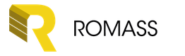 Geel-zwart logo met gestileerde 'R' en het woord 'ROMASS' ernaast.