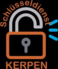 Offenes Vorhängeschloss mit Text "Schlüsseldienst Kerpen" in Braun und Grau auf schwarzem Hintergrund.
