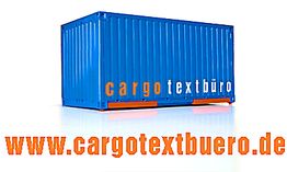 Blauer Container mit der Aufschrift "cargotextbüro" und Website "www.cargotextbuero.de".