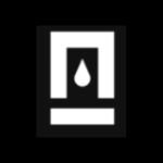 Icono blanco de una gota en rectángulo negro, fondo negro.