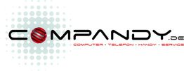 "Compandy-Logo mit Text: Computer, Telefon, Handy, Service. Rote Kugel im Buchstaben 'O'."