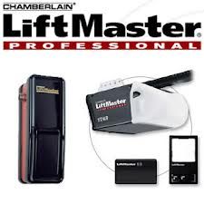 LiftMaster Professional garage door opener system with remotes and parts displayed.