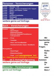 Personen-, Sach- und Gewerbeversicherungen mit verschiedenen Optionen, Kontaktangaben rechts.