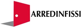 Logo Arredinfissi: porta rossa stilizzata con ombra, testo nero a destra.