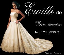 Brautkleid von Ewilli.de, Stuttgart-Feuerbach, mit Telefon 0711 8821963 auf schwarzem Hintergrund.