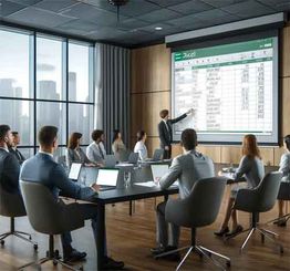 Réunion d'affaires avec présentation Excel dans une salle moderne, participants attentifs.