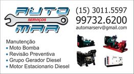 Cartão de serviços da Auto Mar com contato e imagens de geradores e motores a diesel.