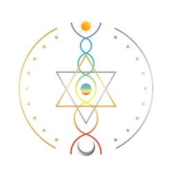 Symbol mit Stern, Dreieck, Kreisen und farbigen Linien, umgeben von Sternen und einem Halbmond.