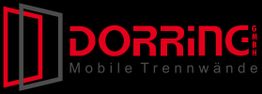 Logo von DORRiNG GmbH, Mobile Trennwände, rote Schrift und graue Linien auf schwarzem Hintergrund.