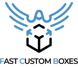 Logo with blue wings above a black box outline. Text: "Fast Custom Boxes."