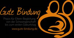 Logo mit Text "Gute Bindung", Webseite und Illustration von Erwachsenen mit Baby in Orange.